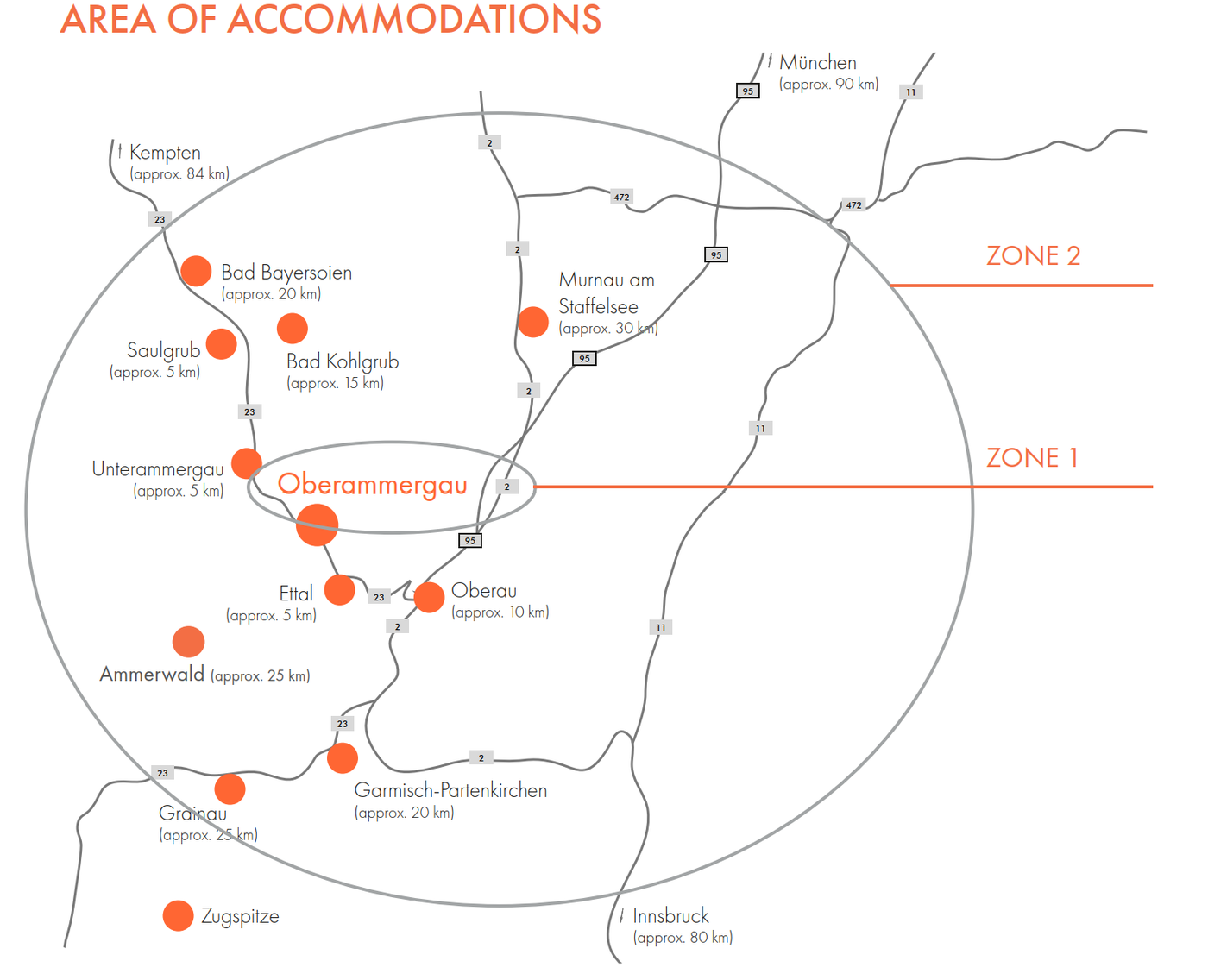 Map of the Passion Play accommodation region with Zone 1 and Zone 2 marked