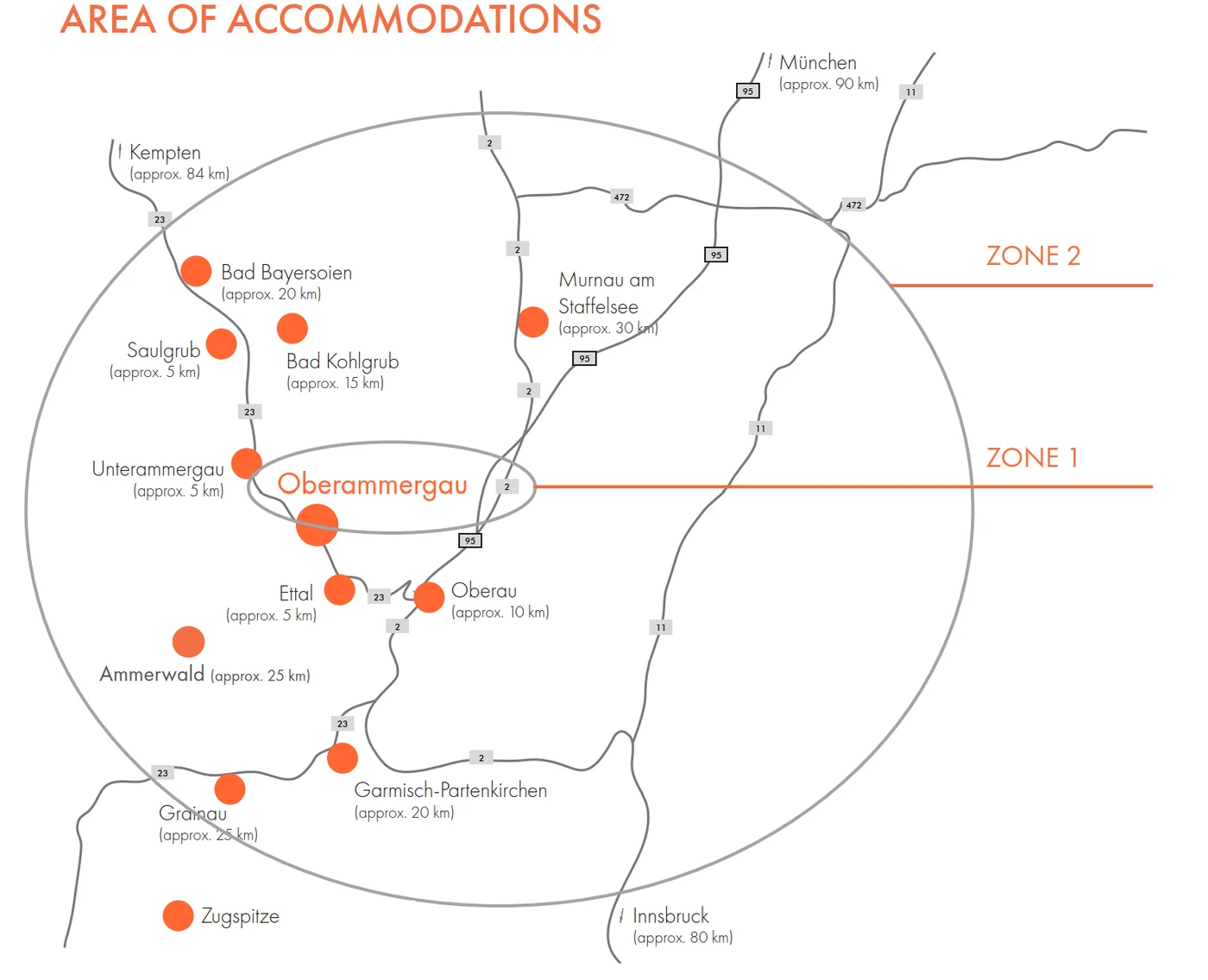 Map of the Passion Play accommodation region with Zone 1 and Zone 2 marked