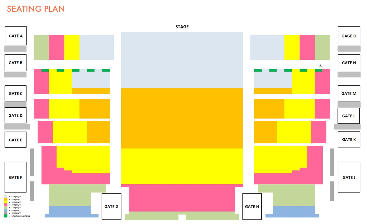 Seating plan of the Oberammergau Passion Play Theatre showing all categories and gates