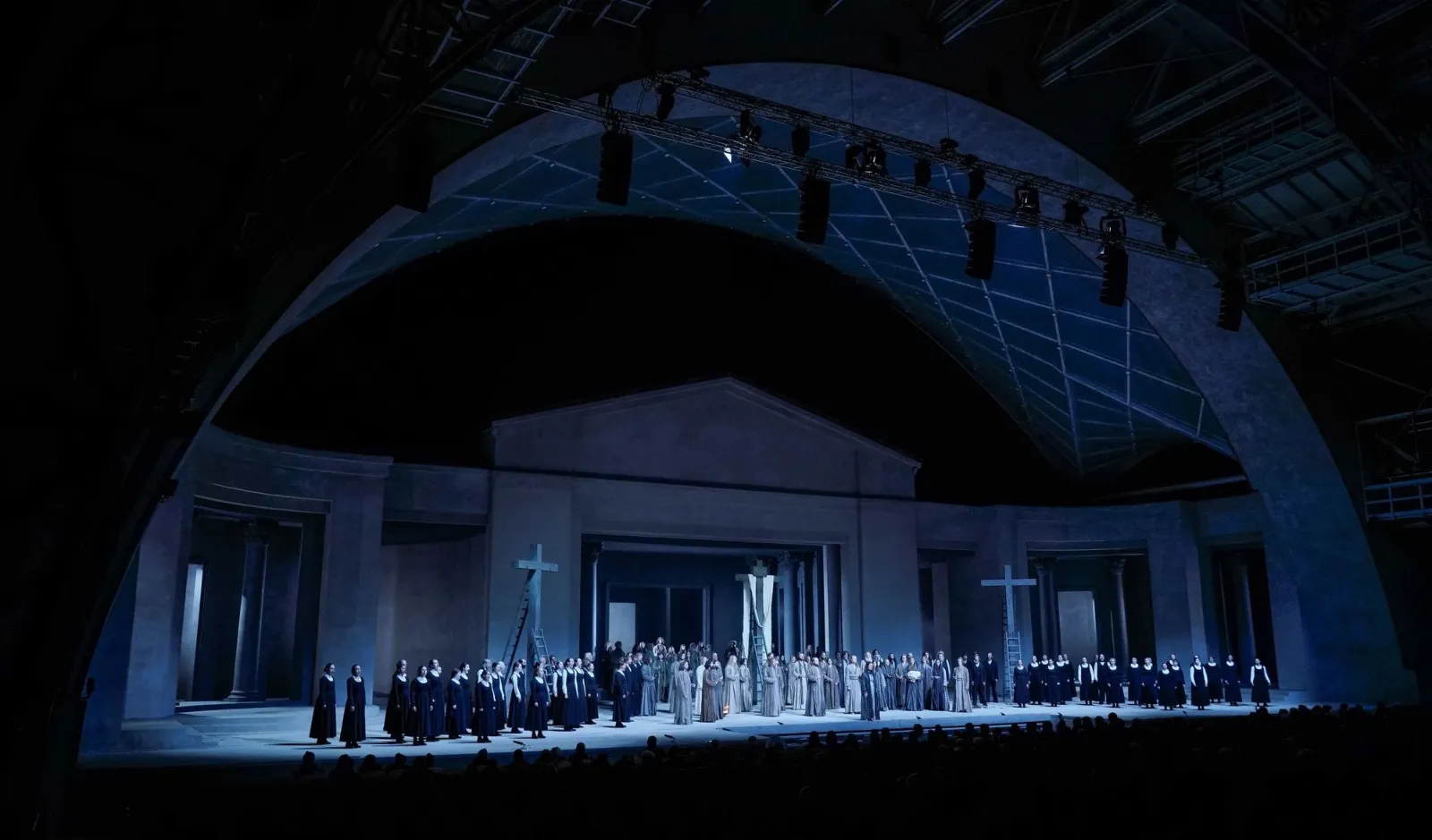 The full company on stage at the Oberammergau Passion Play Theatre